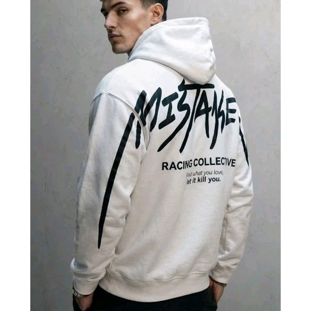 Mistaken Racing Collective Graphic Print Heavyweight Hoodie Size Large White